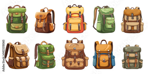 Hiking backpack cartoon. Isolated different backpacks for tourism, camping. Outdoor travel bags for things, hand luggage with pockets, vector set