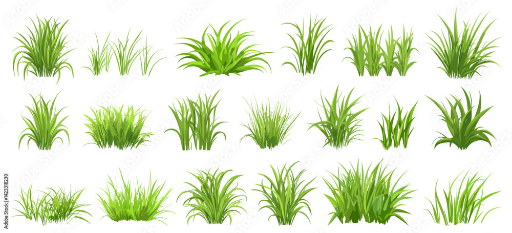 Isolated green grass bunches. Spring summer meadow lawn elements. Cartoon decorative garden elements, seasonal fresh natural vector set Isolated green grass bunches. Spring summer meadow lawn elements. Cartoon decorative garden elements, seasonal fresh natural vector set
