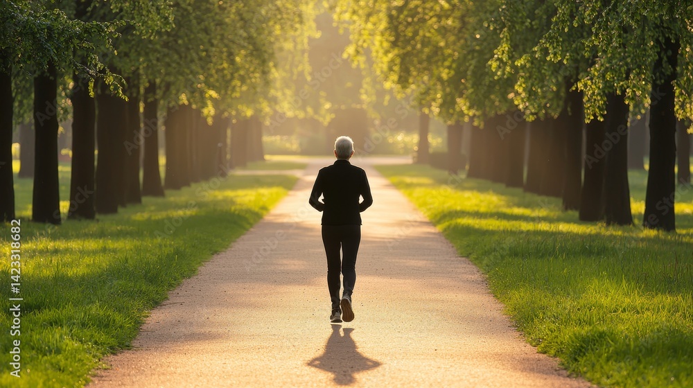 Person jogging on a path surrounded by trees in golden sunlight. Person jogging on a path surrounded by trees in golden sunlight.