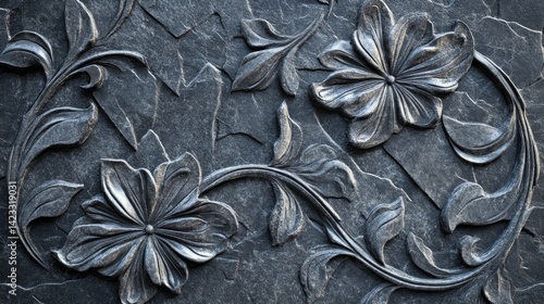Ornate floral relief carving on dark stone