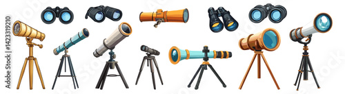 Telescopes and binoculars. Isolated cartoon binocular for tourism, hunting, hiking. Telescope for observing stars and universe, space, weather, vector set