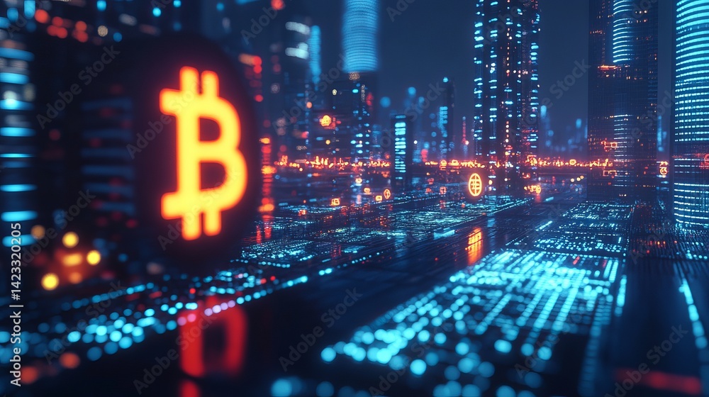 Fototapeta premium Futuristic cityscape with glowing bitcoin symbol digital finance technology 3d red neon data blue