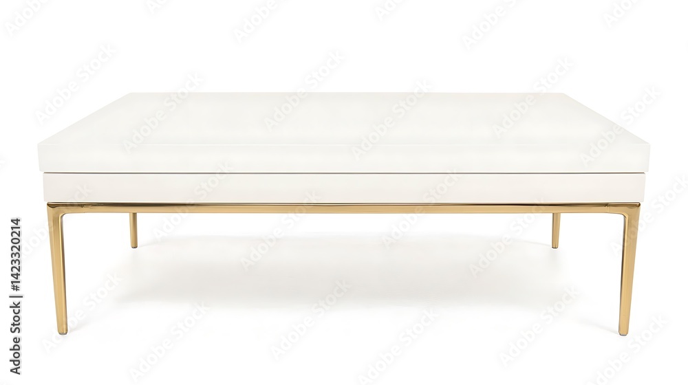 White bench with gold legs sits on a white background White bench with gold legs sits on a white background
