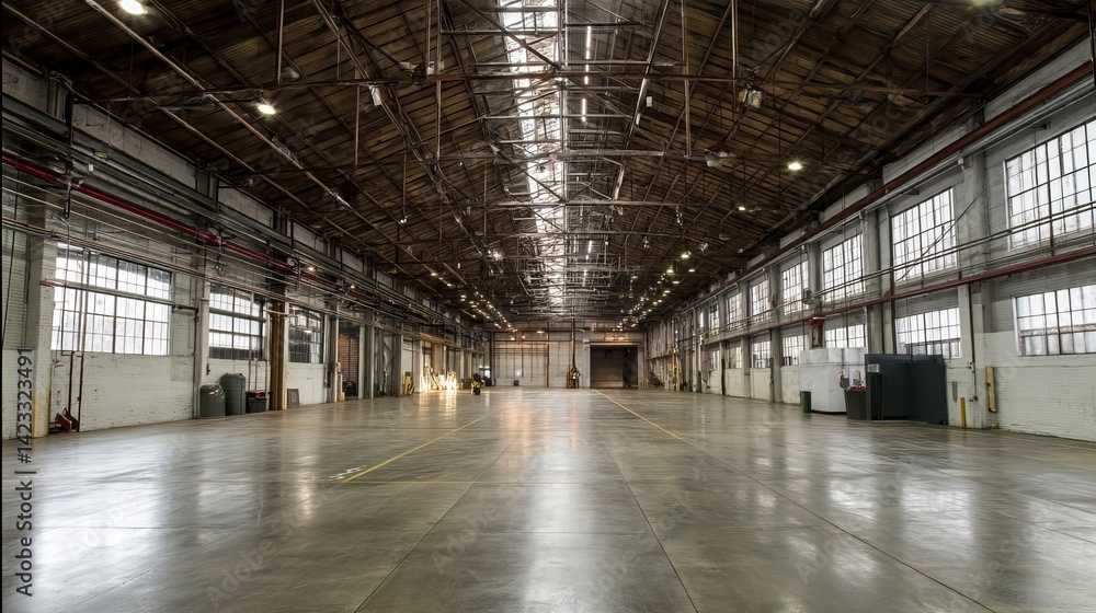 Bright and empty warehouse space Clean industrial hall for production or logistics Bright and empty warehouse space Clean industrial hall for production or logistics