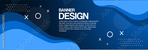 Modern Abstract Blue Banner with Fluid Waves and Geometric Elements