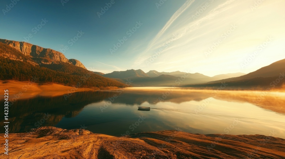 Fototapeta premium Serene mountain lake at sunrise with calm water reflecting the peaks.