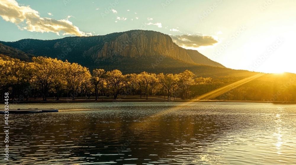 Fototapeta premium Golden hour sunbeams over tranquil lake and mountains.