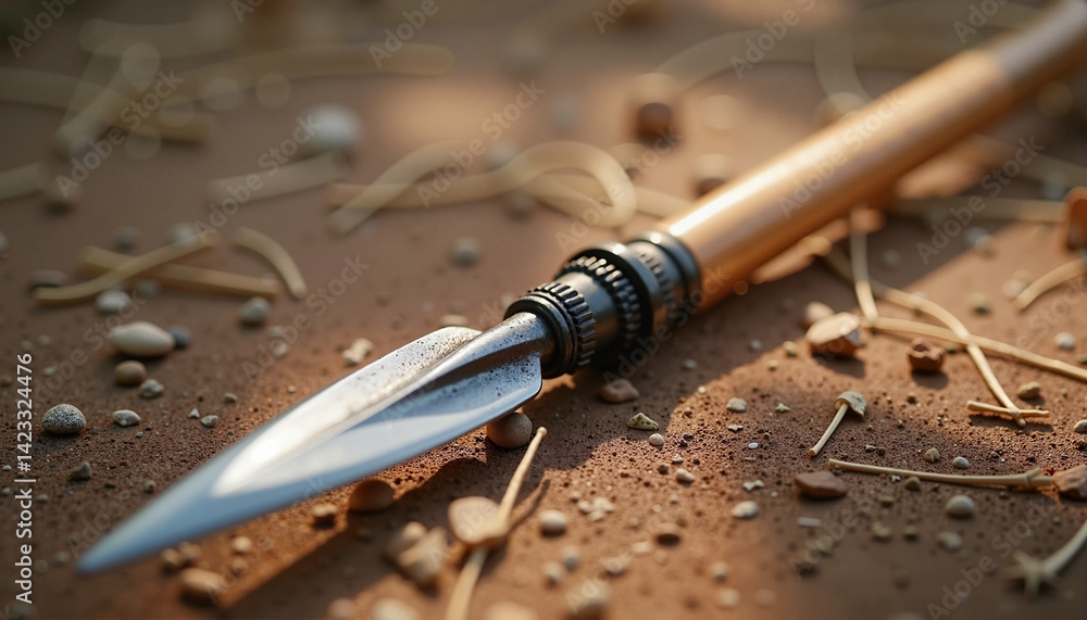 Naklejka premium African spear resting on a sandy surface with scattered debris 
