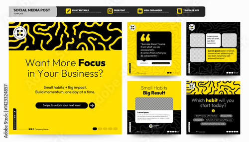 Social media carousel post template. Business Instagram and facebook square post template. Instagram tips post collection tutorial, tip, trick, quick tips, layout template design, modern, yellow