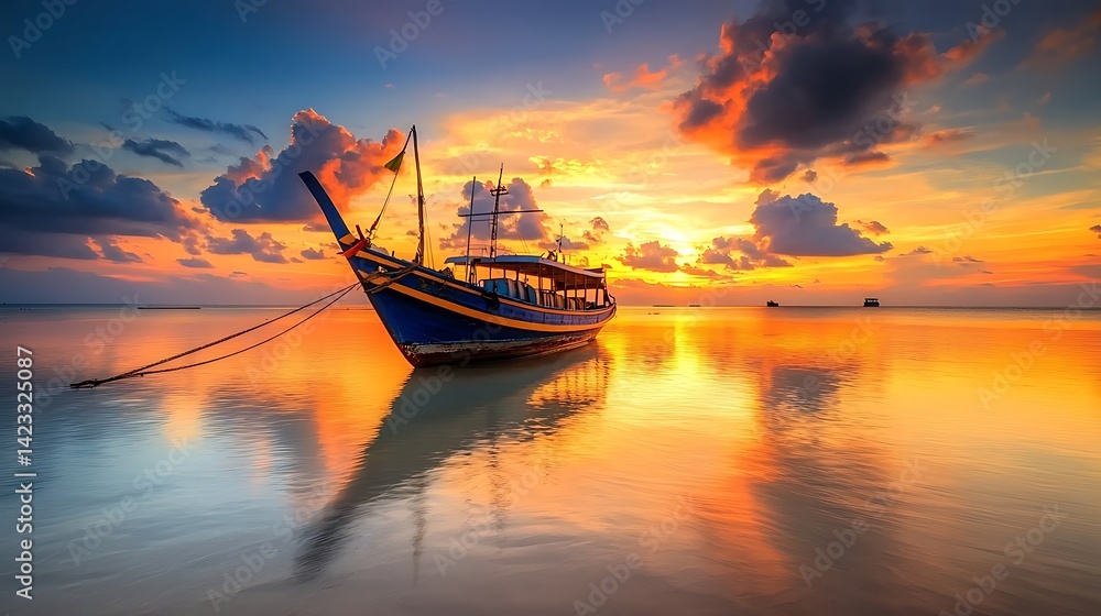 Seascape serenity: a traditional boat resting on the water at sunset glow Seascape serenity: a traditional boat resting on the water at sunset glow