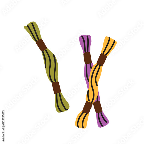 Embroidery floss, thread skeins. Yarn strands for needlecraft, needlework, craft stitching. Handmade supplies for handicraft, handwork. Flat vector illustration isolated on white background