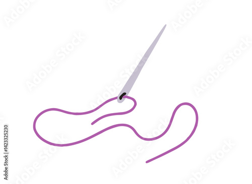 Needle with thread in needlepoint. Sewing, needlework, embroidery and tailoring tool for stitching, handcraft, craftwork, repair and needlecraft. Flat vector illustration isolated on white background