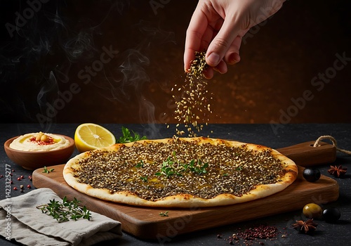 Delicious manouche being garnished with flavorful spices for serving