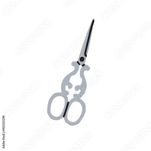 Small thin scissors for craft, embroidery handwork. Vintage retro style cutting tool with ornate curved handles, blade, for delicate needlework. Flat vector illustration isolated on white background