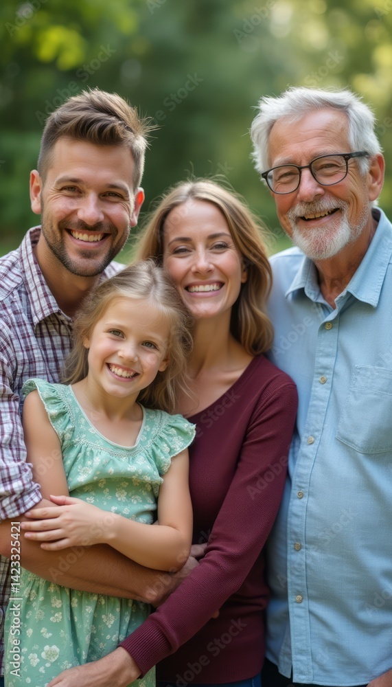 A heartwarming family portrait captures a smiling man, woman, young girl, and elderly man, all radiating happiness in a lush green park. Their close embrace and bright smiles reflect love, connection A heartwarming family portrait captures a smiling man, woman, young girl, and elderly man, all radiating happiness in a lush green park. Their close embrace and bright smiles reflect love, connection