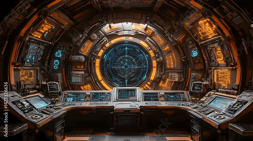 Fototapeta Naklejka Na Ścianę i Meble -  Futuristic spaceship cockpit with glowing controls and a starry background, showcasing advanced technology