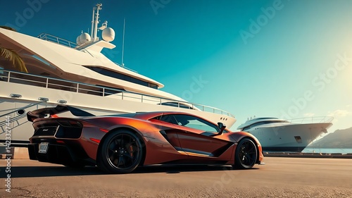Supercar parked beside a luxury yacht in a tropical harbor, bright sunny day, cinematic shot from low angle with deep blue sky