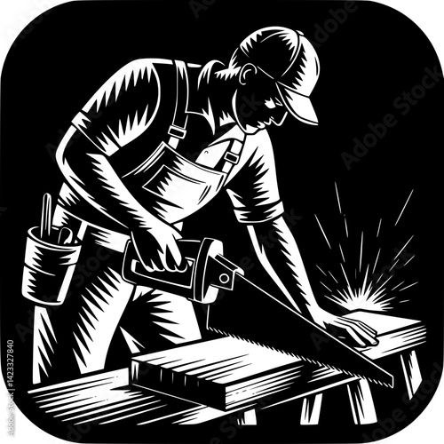 Artisan at Work: A skilled carpenter meticulously saws a piece of wood in a high-contrast, artful rendering, embodying craftsmanship and the creation of something tangible. 