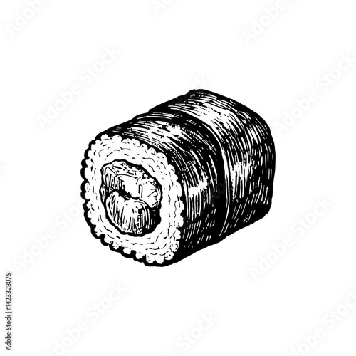 Vector engraving style illustration of a Sushi Roll