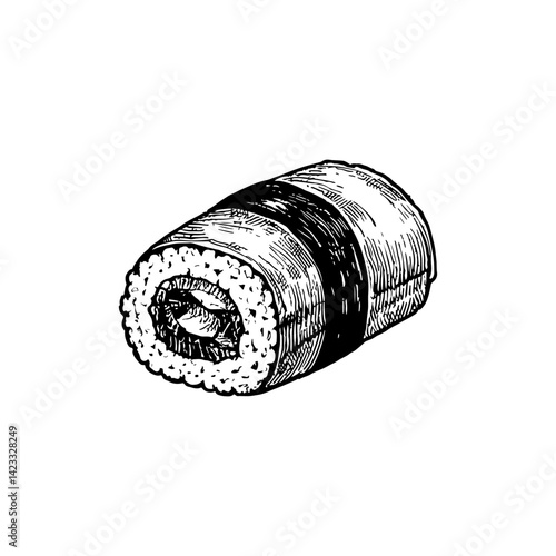 Vector engraving style illustration of a Sushi Roll