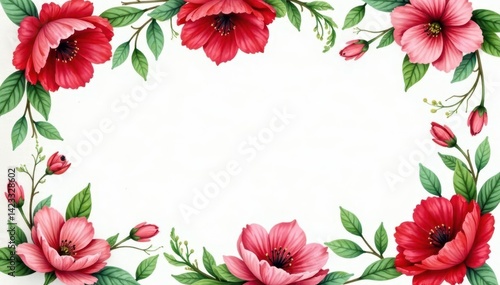 Red and green flower watercolor seamless border Elegant floral design , design, background