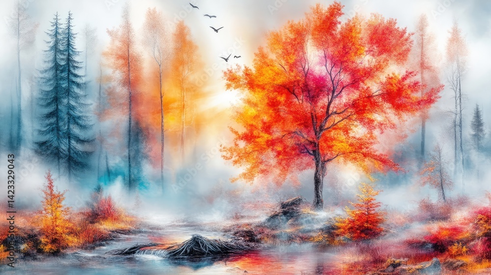 Naklejka premium Autumnal forest scene with vibrant colors, misty atmosphere