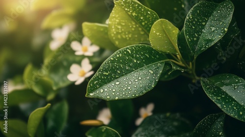 Fresh green leaves with raindrops and blooming white flowers in a serene garden setting during early morning hours
