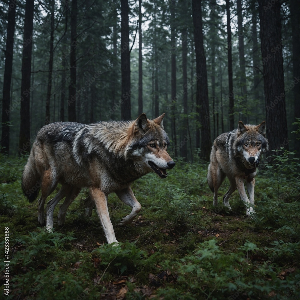 Fototapeta premium Wolves Chasing Prey in a Forest