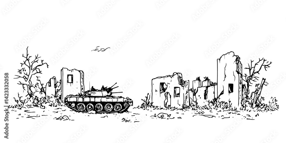 Naklejka premium tank in war ruins hand drawn vector illustration