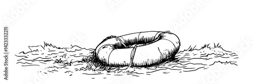 old inner tube on shore hand drawn vector illustration