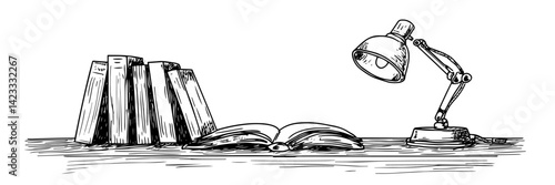 desk with books and lamp hand drawn study scene vector illustration