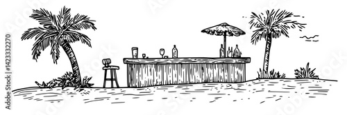 tropical beach bar with palm trees hand drawn vector illustration
