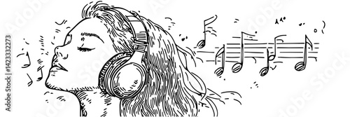 woman listening to music with headphones hand drawn vector illustration