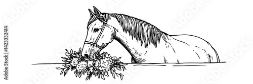 horse in water holding flowers hand drawn vector illustration