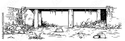 abandoned concrete structure overgrown with plants hand drawn vector illustration