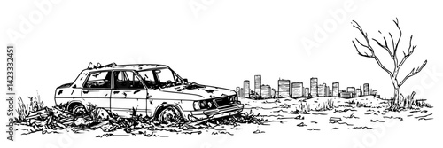 abandoned car in post apocalyptic landscape hand drawn vector illustration