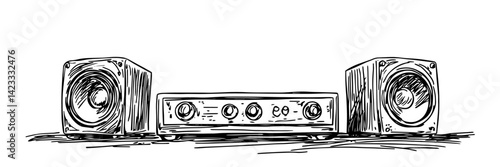 vintage stereo amplifier with speakers hand drawn vector illustration