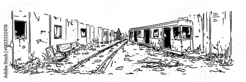 abandoned train station with old railway and train hand drawn vector illustration