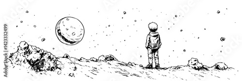 lonely astronaut on alien planet looking at stars hand drawn vector illustration