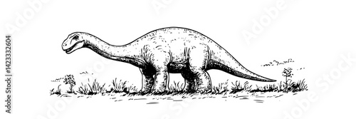 long neck dinosaur walking on grass vector doodle sketch illustration