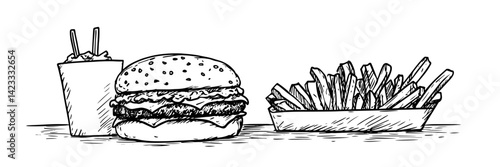 fast food meal with burger fries and drink doodle sketch vector