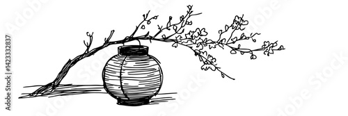 hand drawn japanese lantern with cherry blossom branch vector