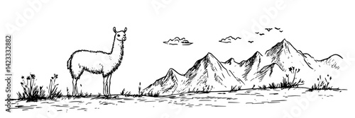 hand drawn llama with mountain landscape vector illustration