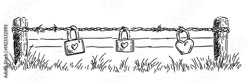 love padlocks on wire fence – romantic symbol of commitment ink drawing