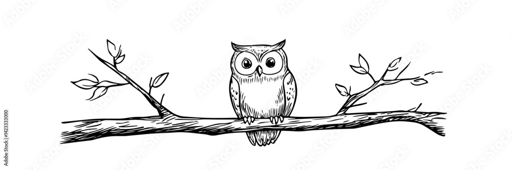 Fototapeta premium owl sitting on tree branch with leaves doodle sketch vector