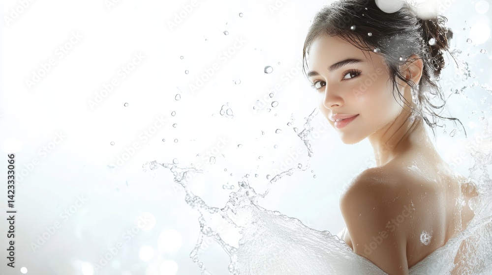 Model enjoys a refreshing splash in water during a beauty shoot in a bright studio setting Model enjoys a refreshing splash in water during a beauty shoot in a bright studio setting