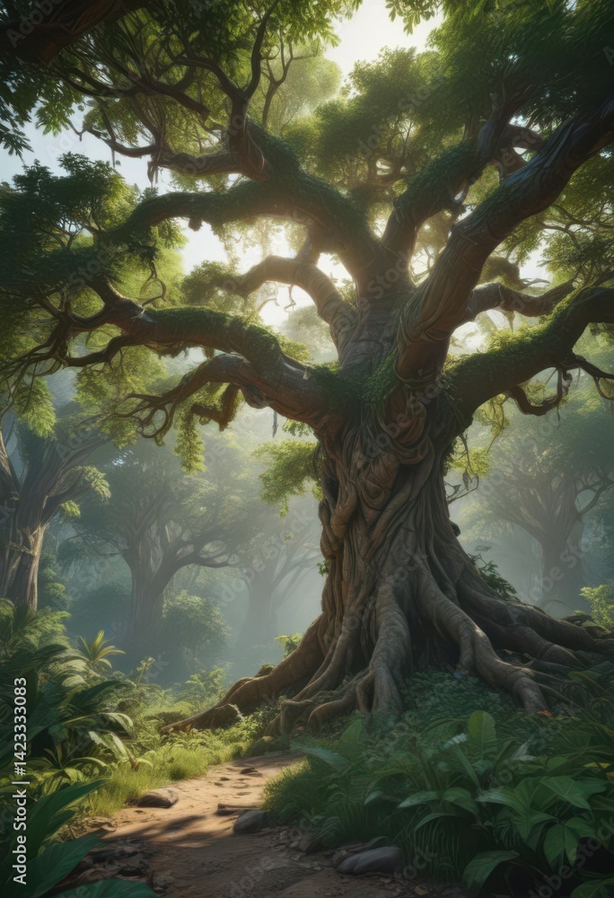 Fototapeta premium Ancient tree, exotic vines, lush foliage, jungle growth, biology, vines, texture