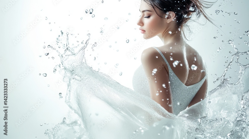 Woman in water splashes with grace while wearing a shimmering dress, creating a captivating artistic composition Woman in water splashes with grace while wearing a shimmering dress, creating a captivating artistic composition