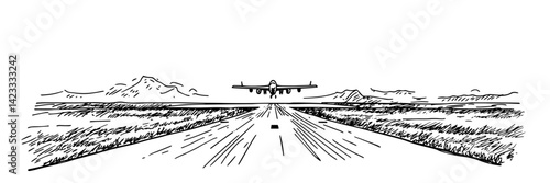 airplane landing on runway with mountains in background vector