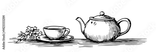 tea time still life with teapot, cup and herbs – cozy vintage sketch
